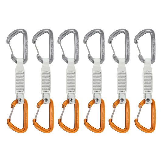 Six ultralight quickdraws with orange and grey wire-gate carabiners, designed for alpine and sport climbing efficiency.