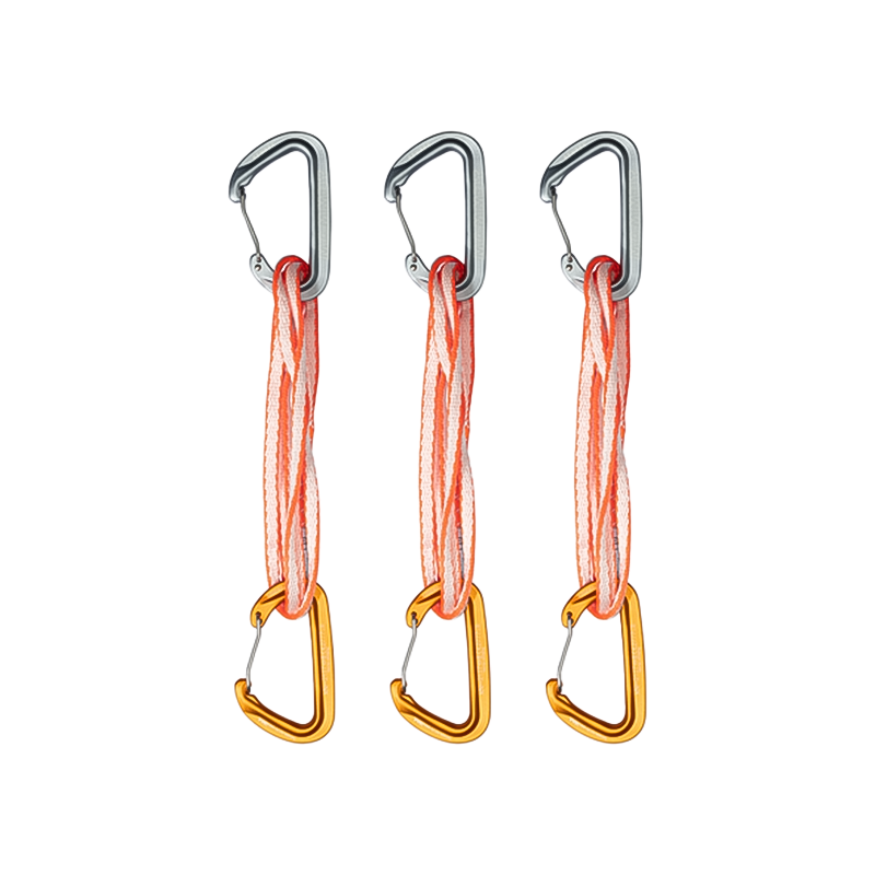 Three orange and white Mammut Sender Wire quickdraws for trad and alpine climbing.