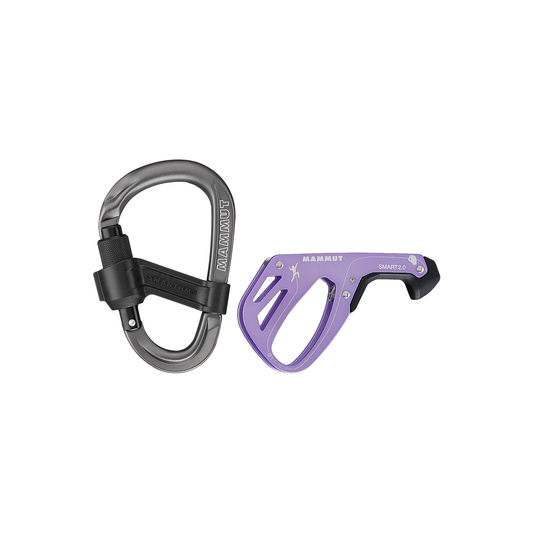Image shows a purple belay and a black Smart HMS carabiner, part of the Mammut Smart 2.0 belay package for climbing safety.