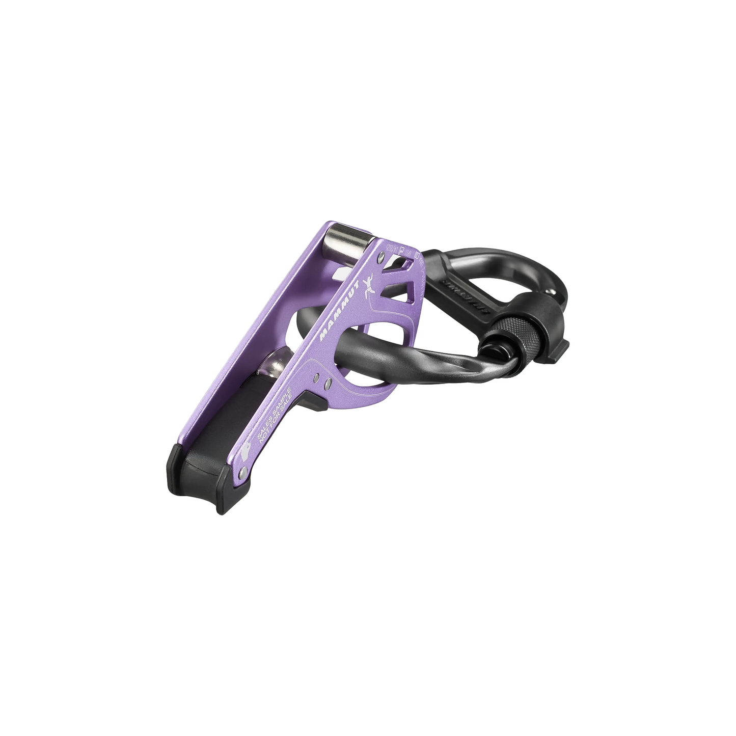 A purple belay and a black carbiner, designed for secure belaying in climbing activities.