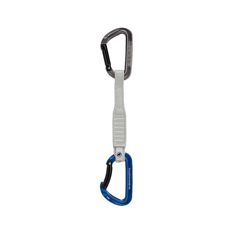 Blue and grey carabiner with a durable polyester sling for climbing.