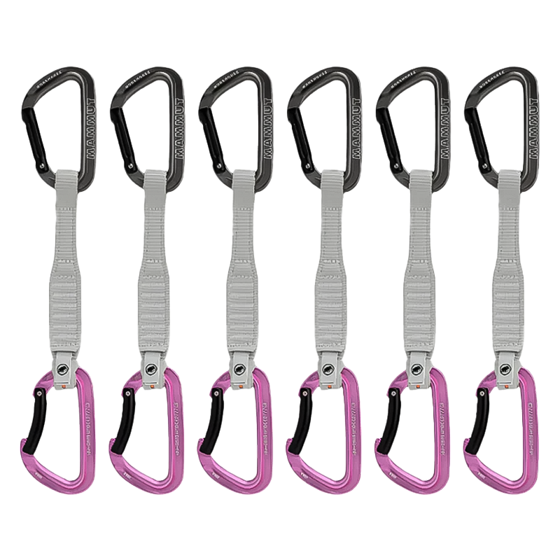 Pink and grey Mammut Workhorse Keylock quickdraw with a hook, designed for sport and multipitch climbing.