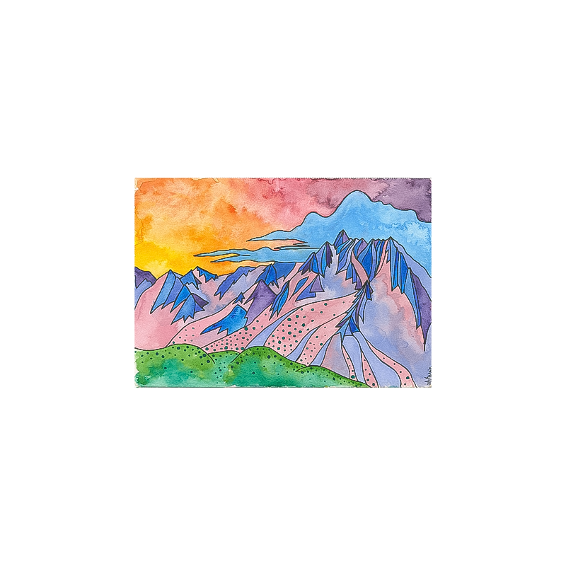 Picture of Basin Mountain note card, showcasing its distinctive peak among soft clouds in a serene landscape.