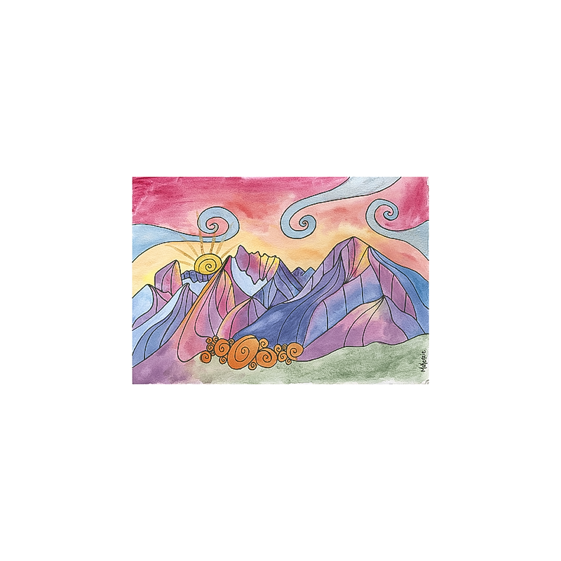 Watercolor painting of mountains and clouds note card, showcasing serene natural beauty by artist McKenzie Dale.