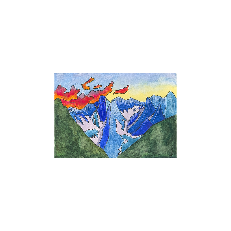 Vibrant painting of mountains with a red sky, illustrating the stunning landscapes by artist McKenzie Dale.