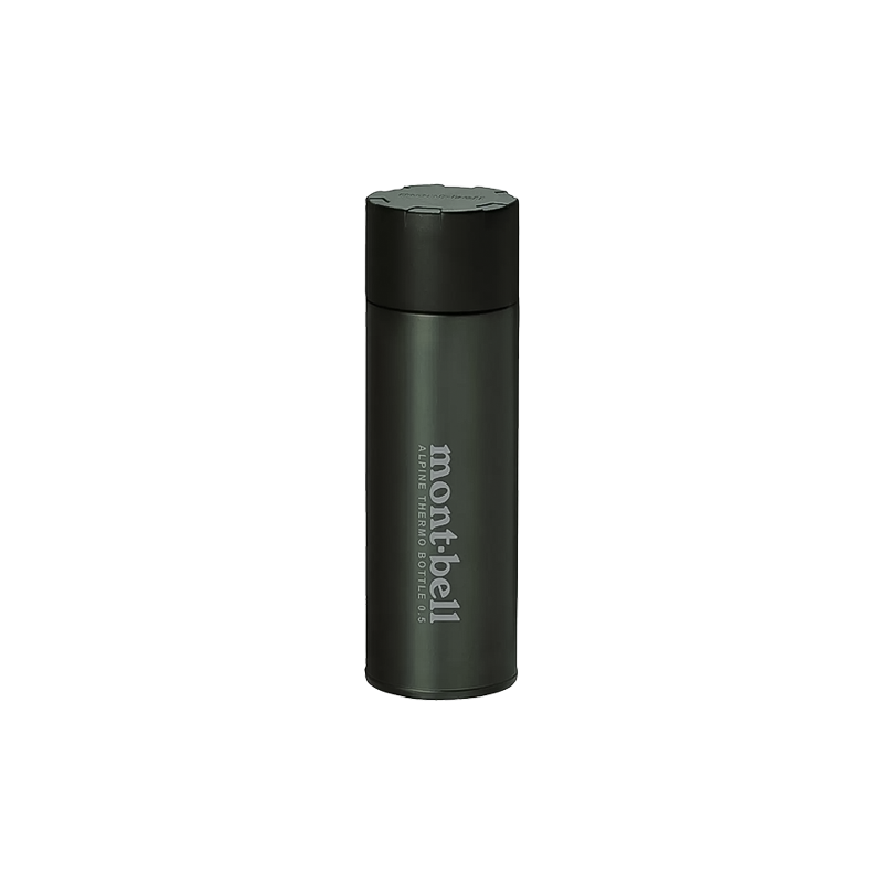 Dark gray 0.5L Montbell Alpine Thermo Bottle features double-wall insulation for optimal temperature retention.