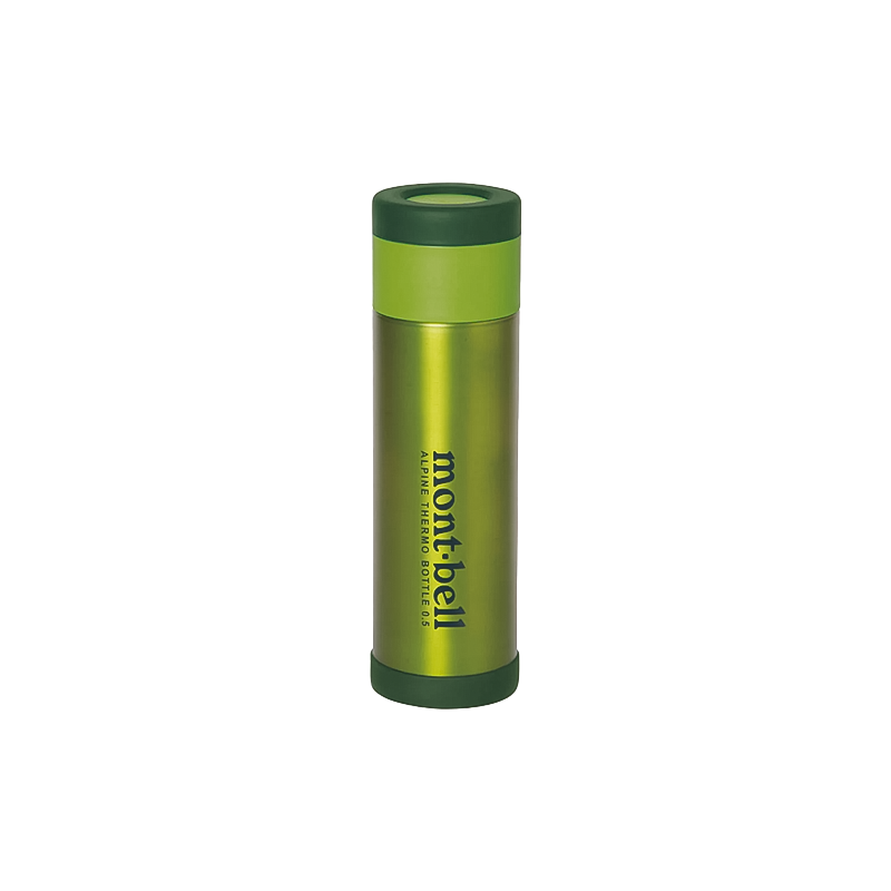 Green Montbell Alpine Thermo Bottle, designed for thermal efficiency in outdoor adventures.