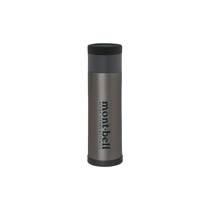 Montbell Alpine Thermo Bottle in gray, ideal for keeping drinks hot or cold during outdoor activities.