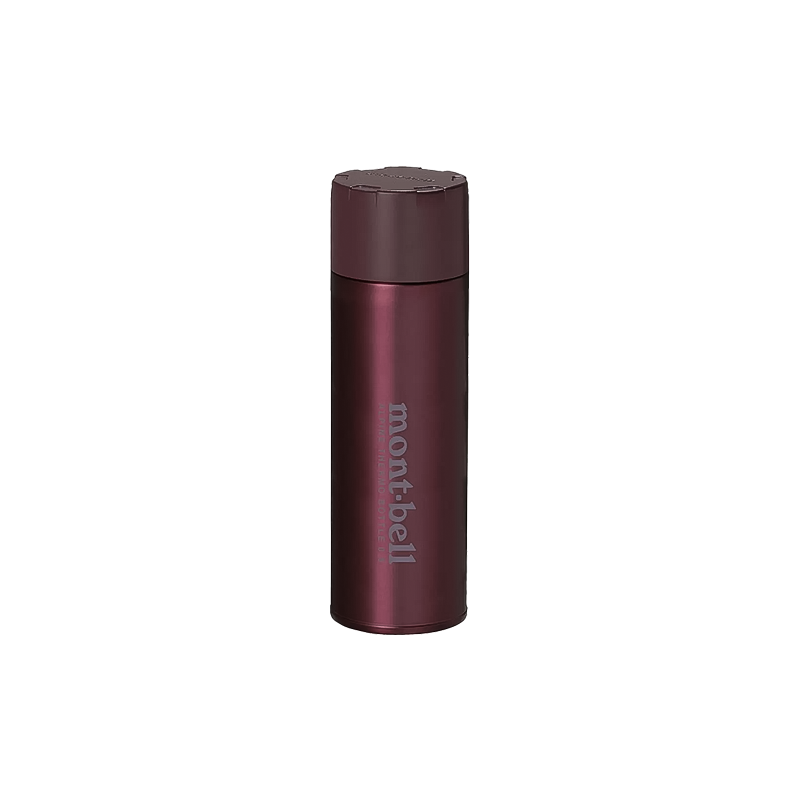 Montbell Alpine Thermo Bottle in burgundy, lightweight, insulated for hot and cold beverages.