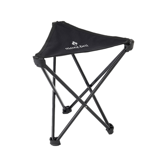 A black Montbell folding stool on a white background highlights its sleek design and portability for outdoor use.