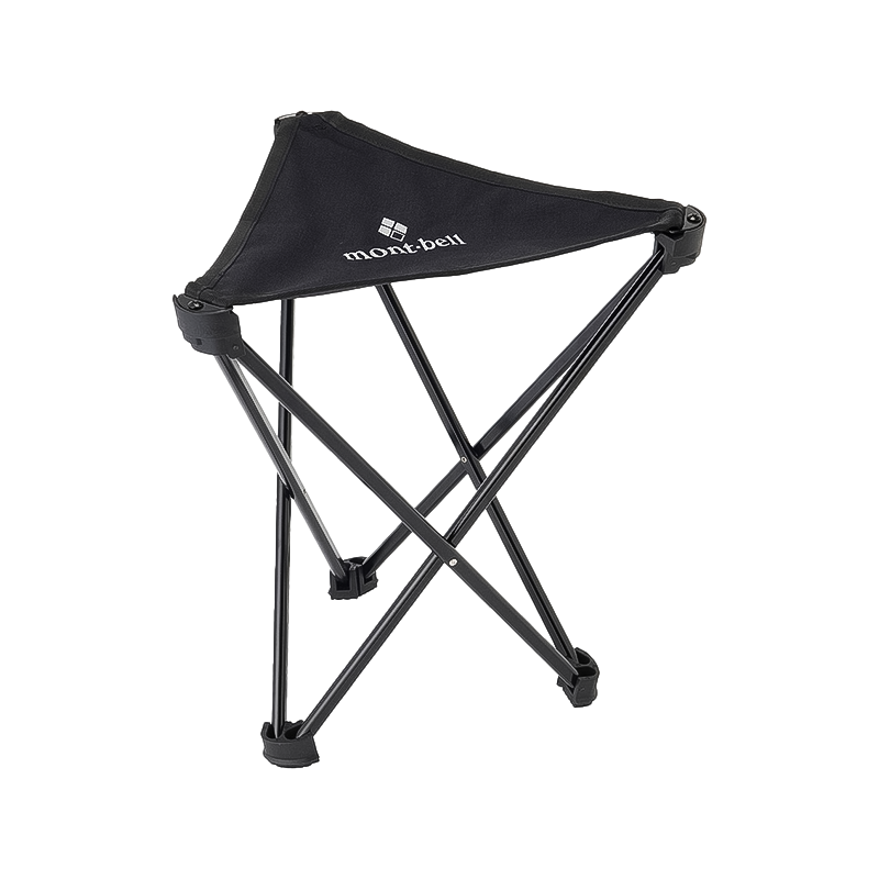 A black Montbell folding stool on a white background highlights its sleek design and portability for outdoor use.