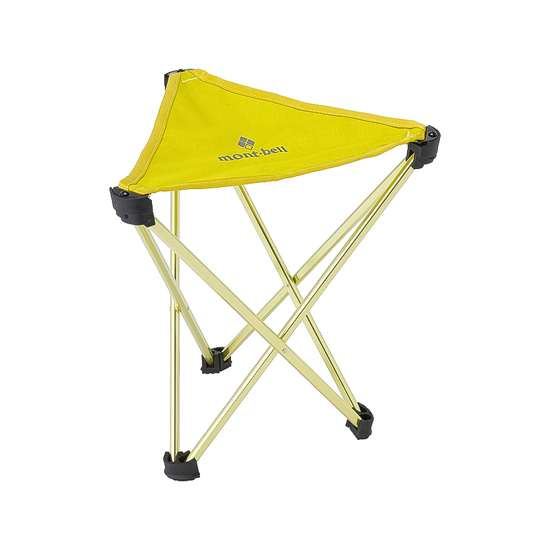 Bright yellow Montbell folding stool with a black base, designed for easy transport and comfort during outdoor relaxation.