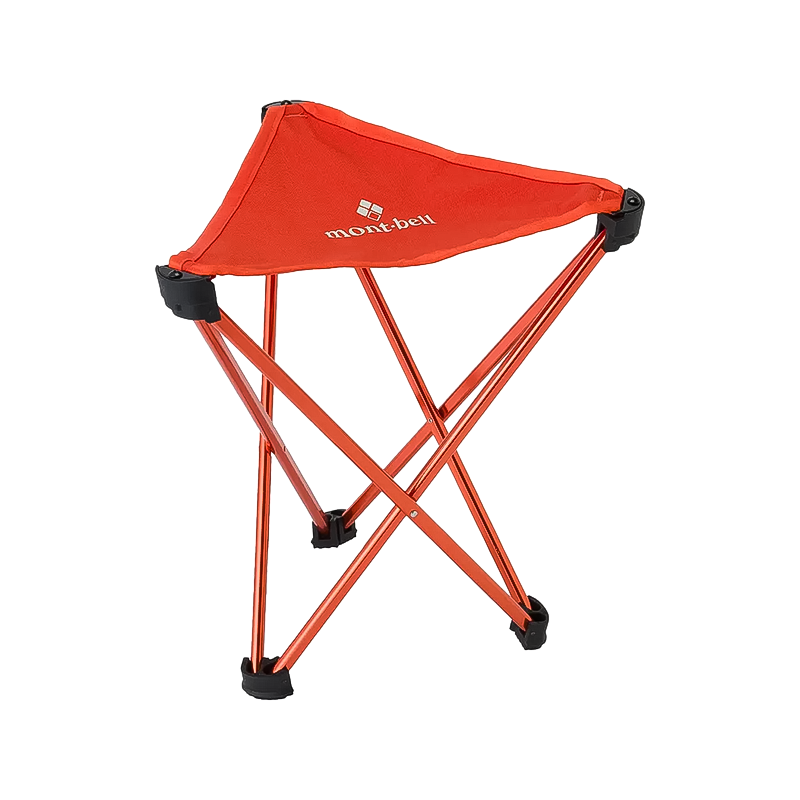 The vibrant orange Montbell Lightweight Trail Chair 33 offers comfort and portability for outdoor activities.