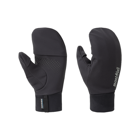 Black soft, breathable Montbell mittens with windproof protection and warm lining, perfect for chilly hikes and early spring adventures.