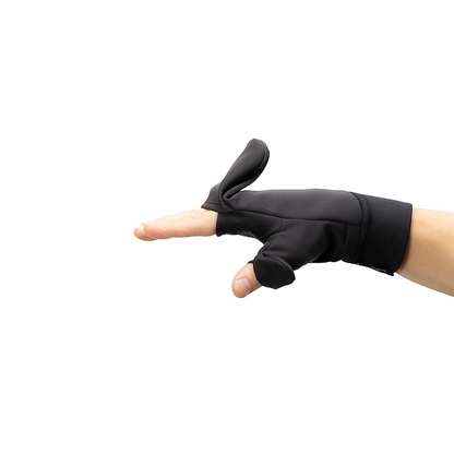 A person wearing black Montbell Climabarrier Trekking Mittens, showcasing their windproof design and cozy brushed lining.