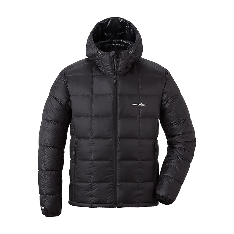 Black ultralight Montbell Superior Down Parka for men, featuring 800 fill power insulation and water-resistant nylon shell.