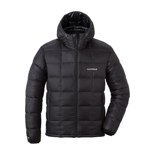 Black ultralight Montbell Superior Down Parka for men, featuring 800 fill power insulation and water-resistant nylon shell.