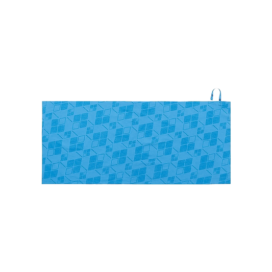 Quick-drying blue towel with a decorative design, essential for campers and travelers.