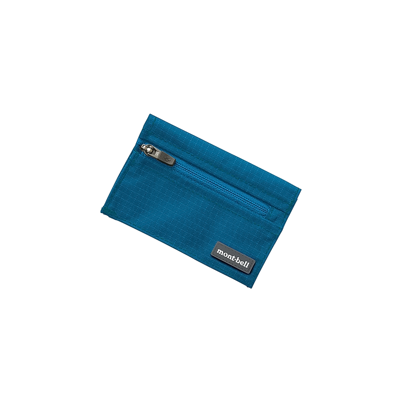 Montbell's lightweight blue zipper wallet (15g), tri-fold design for cash, coins, and cards outdoors.