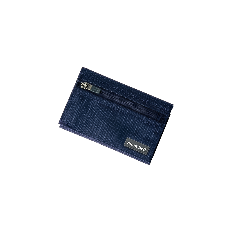 Lightweight navy Montbell tri-fold wallet with zipper for bills, coins, and cards during outdoor activities.