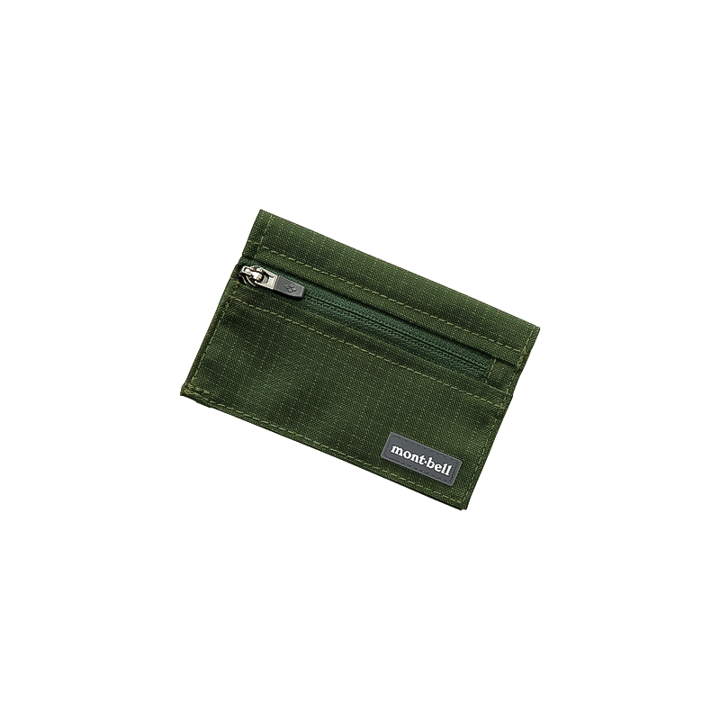 Lightweight green tri-fold Montbell wallet with zipper, compact for outdoor use, holds cash, coins, and cards.
