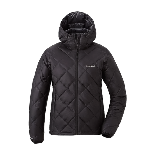 Black women's down jacket with a hood, featuring lightweight insulation and water-resistant shell for outdoor activities.