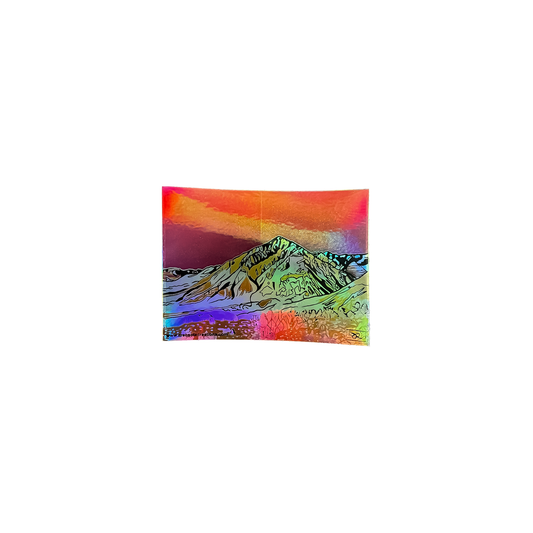 Holographic sticker of Mt. Tom, featuring a hand-drawn mountain design with a rainbow effect, ideal for outdoor enthusiasts.
