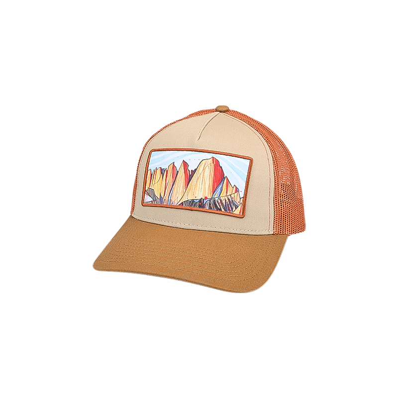 Trucker hat in brown and orange with a mountain illustration of Mt Whitney, crafted from cotton twill and mesh.