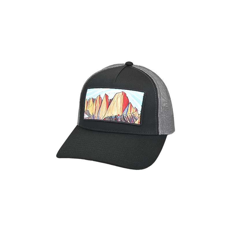 Black and gray trucker hat featuring a mountain scene of the Mt Whitney range, designed by artist Alex Bailey.