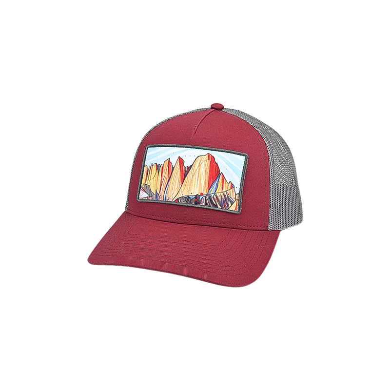 Stylish maroon and gray trucker hat showcasing a mountain vista by Alex Bailey, made with a comfortable cotton twill headband.