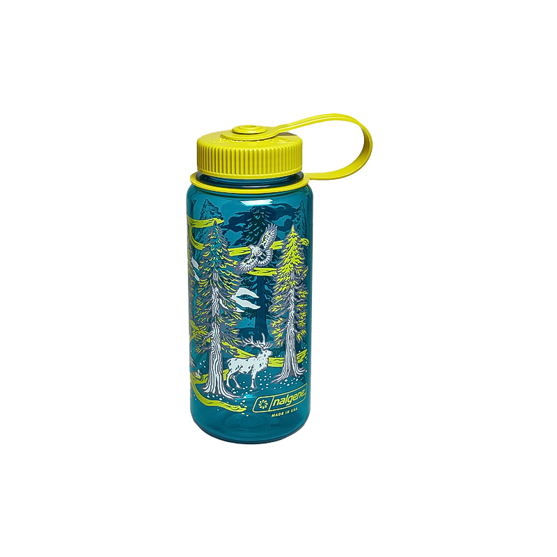 Eco-friendly blue water bottle featuring the Redwoods design, ideal for personalized hydration.