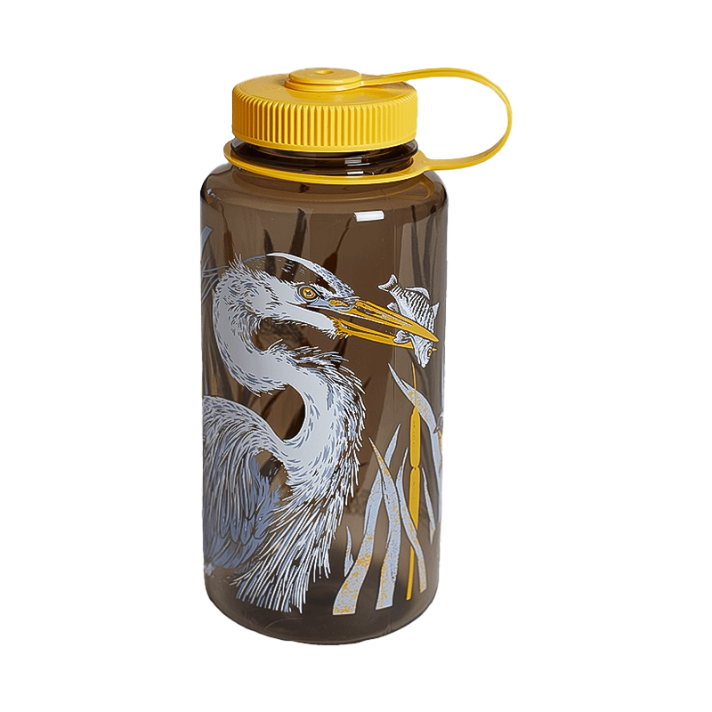 Limited edition 32oz heron-themed brown water bottle for sustainable hydration.