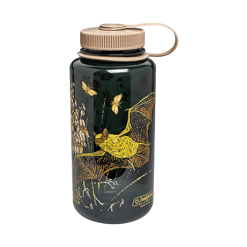 Navy blue water bottle with a gold bat design for stylish, eco-friendly hydration.