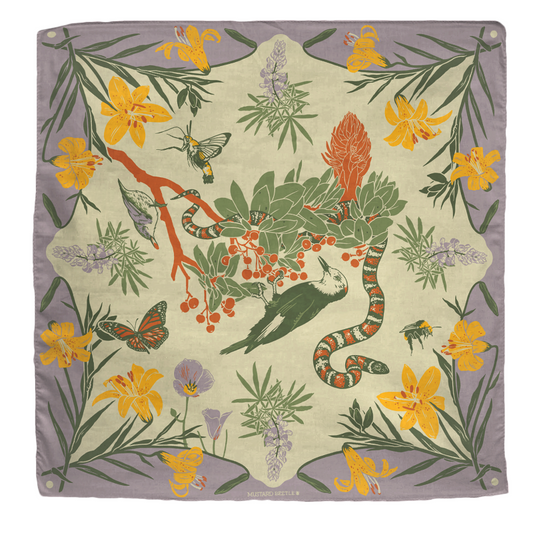 Limited edition organic cotton bandana with eco-friendly bird, tree, other animals, and flower illustration.