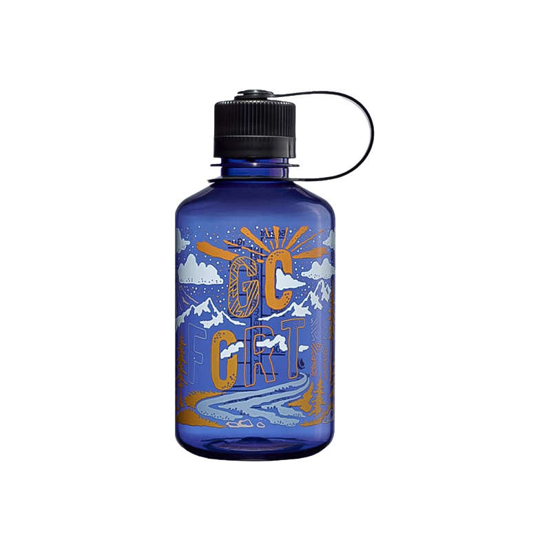 Blue Nalgene water bottle with black handle, featuring vibrant orange and blue designs, ideal for outdoor activities.