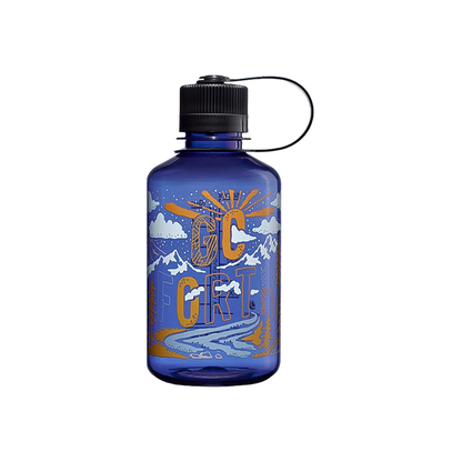 Blue Nalgene water bottle with black handle, featuring vibrant orange and blue designs, ideal for outdoor activities.