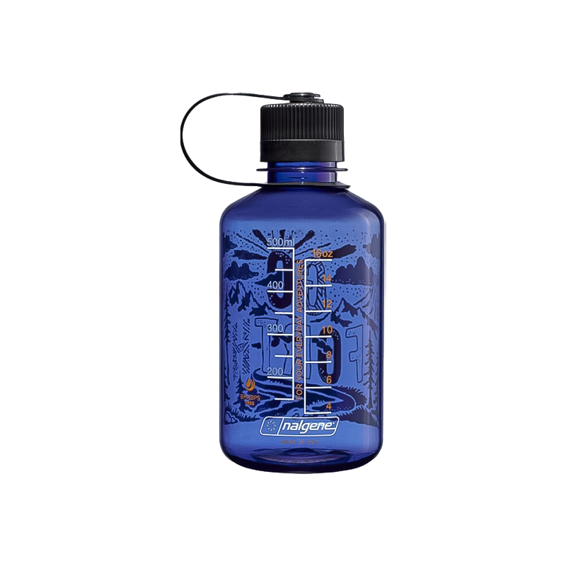 Blue Nalgene water bottle with nature-inspired designs, eco-friendly, 16oz, narrow mouth, leak-proof, and dishwasher-safe.