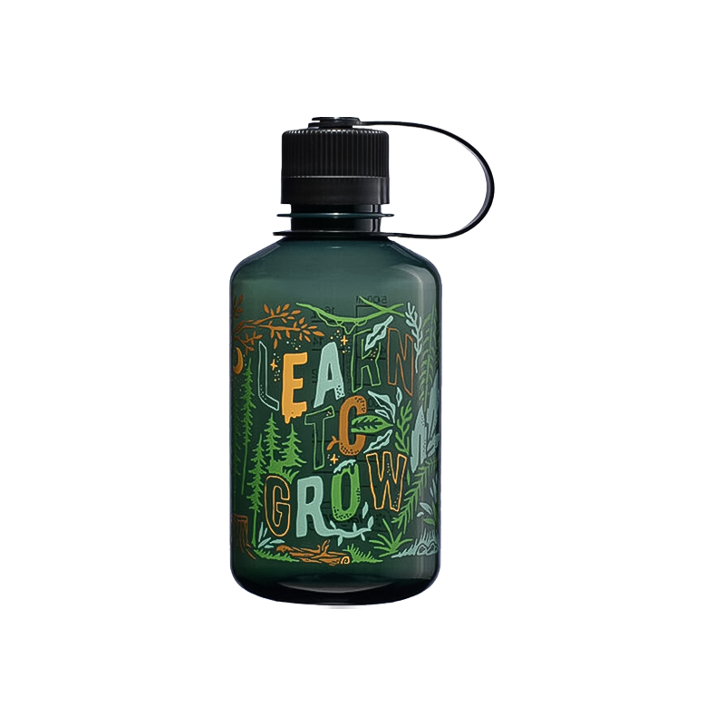 Green Nalgene water bottle with "Leave it Grow" text, designed for eco-friendly hydration and outdoor adventures.