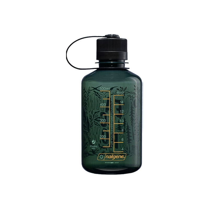 Green Nalgene water bottle with a black lid, featuring nature-inspired designs for outdoor enthusiasts.