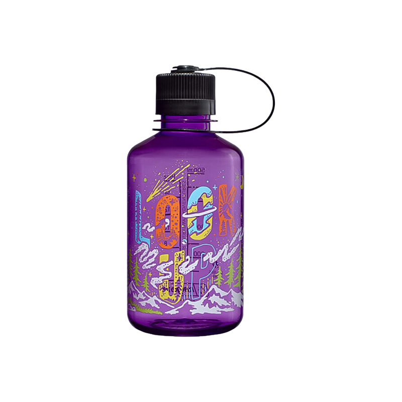 Purple Nalgene water bottle with a black cap, featuring eco-friendly design and motivational prints for outdoor enthusiasts.