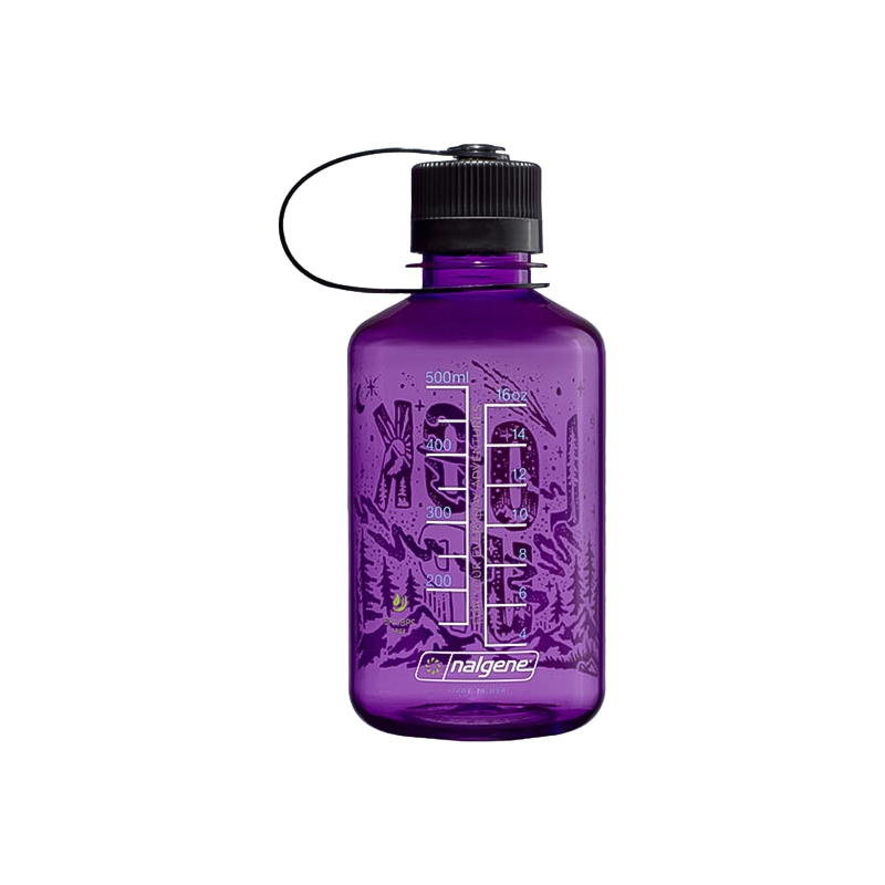 Purple Nalgene water bottle with a black lid, featuring eco-friendly design and motivational prints for outdoor enthusiasts.