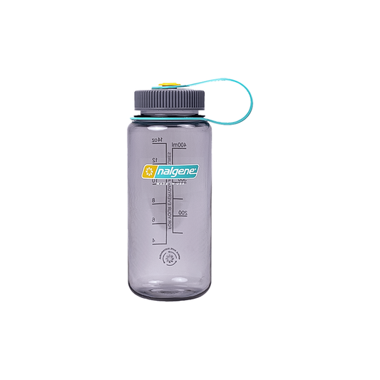 Eco-friendly purple Nalgene 16oz water bottle with a blue lid and handle, made from 50% recycled plastic.