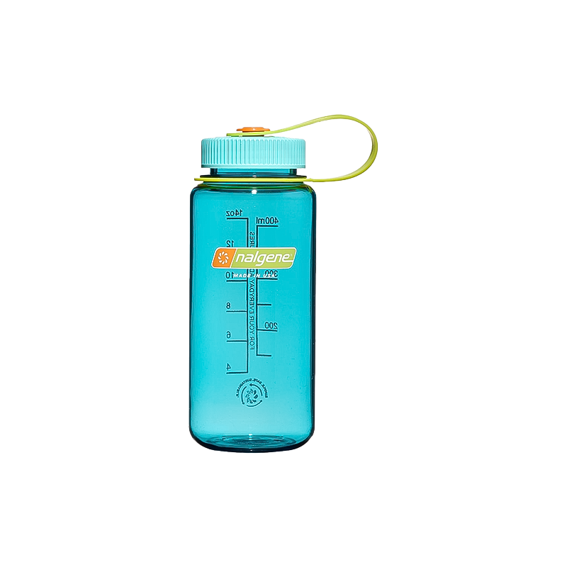 Sustainable cyan Nalgene 16 oz water bottle with 50% recycled plastic; leak-proof and perfect for on-the-go use.