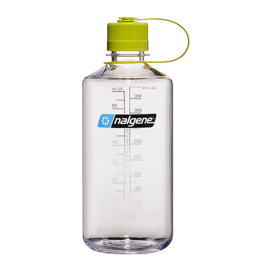 Clear Nalgene 32oz water bottle with a green lid, made from 50% recycled plastic. 