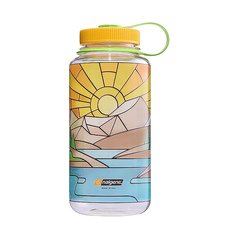 A vibrant water bottle with a colorful mountain scene, perfect for eco-friendly hydration.
