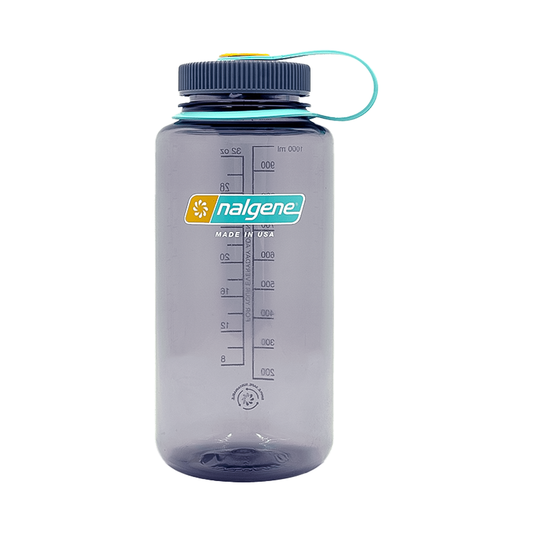 Eco-friendly Nalgene purple water bottle with handle and lid, made from 50% recycled plastic.