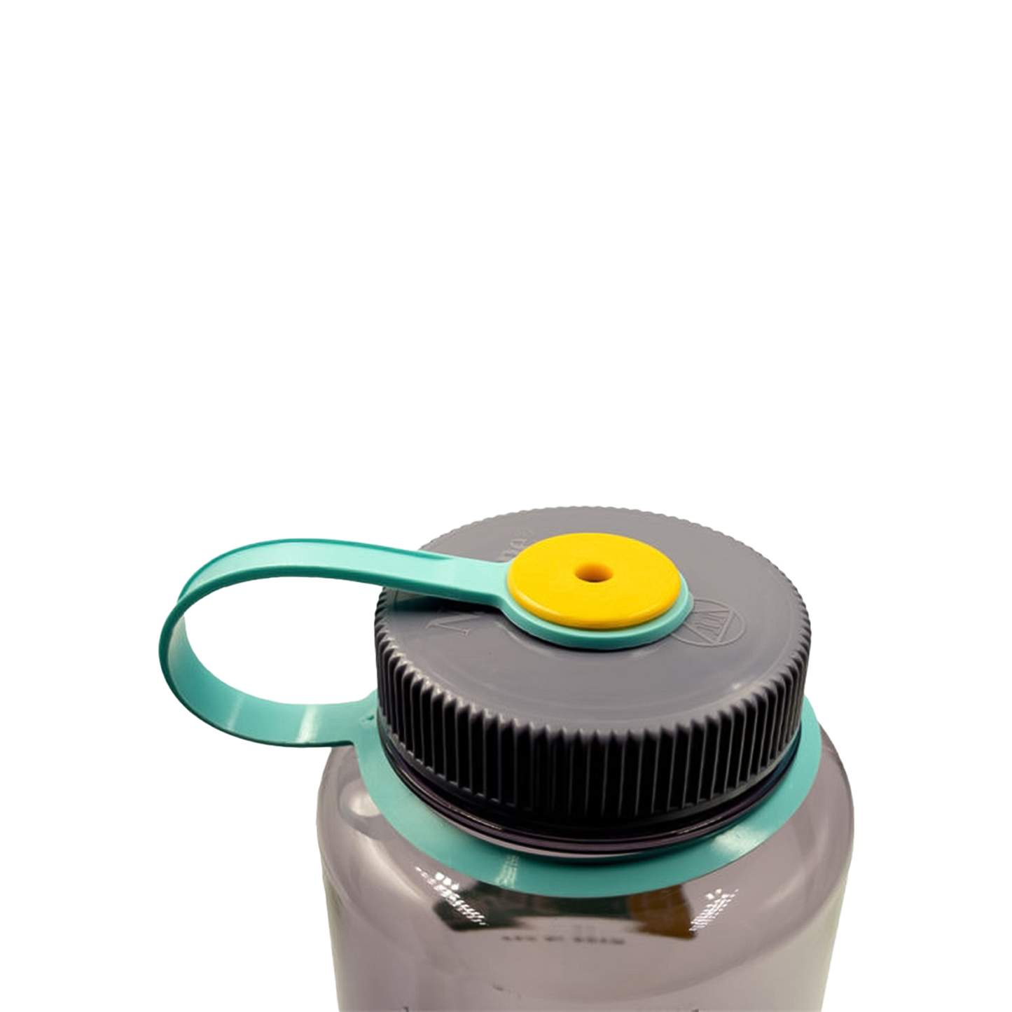 Close-up of purple Nalgene 48oz water bottle cap with yellow lid and green handle, made from recycled plastic for eco-friendly hydration.