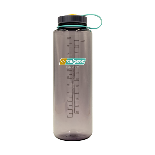 Purple Nalgene 48oz water bottle made from recycled plastic, designed for outdoor use and eco-friendly hydration.