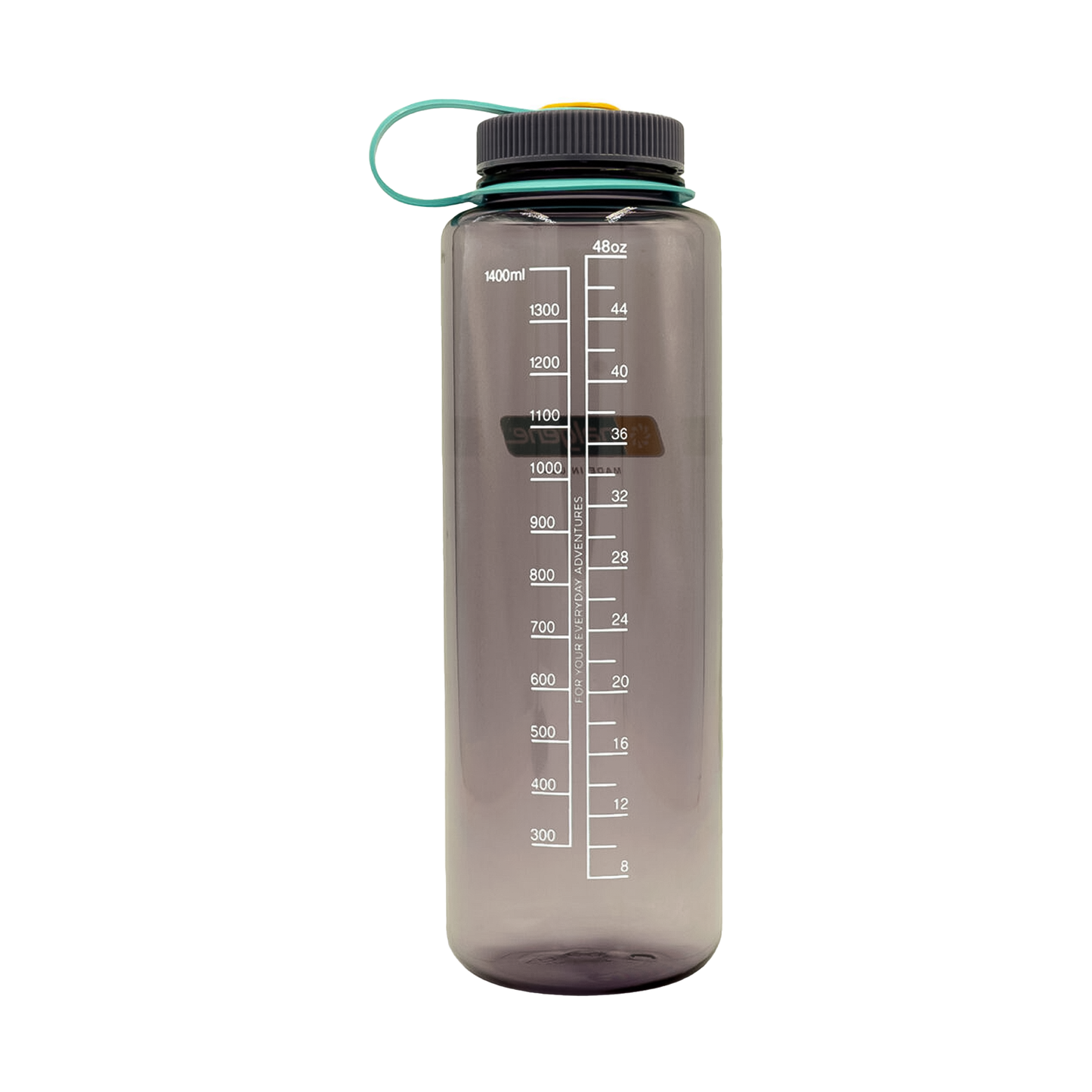 Purple eco-friendly Nalgene 48oz bottle with black lid, featuring a wide mouth for ice and fruit, perfect for outdoor adventures.