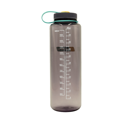 Purple eco-friendly Nalgene 48oz bottle with black lid, featuring a wide mouth for ice and fruit, perfect for outdoor adventures.